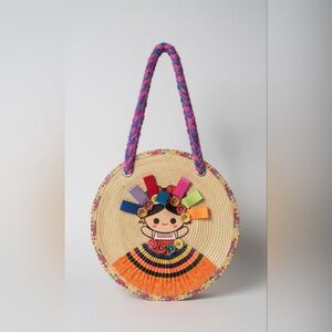 Vibrant Round Woven Tote with Doll Design